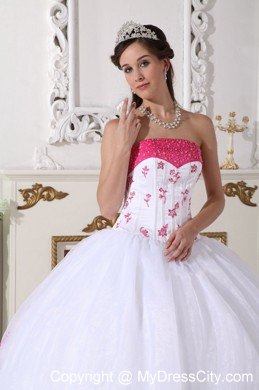 White and Hot Pink Strapless Appliques Sweet 15 Dresses