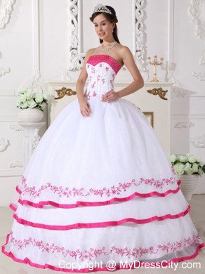 White and Hot Pink Strapless Appliques Sweet 15 Dresses