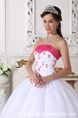 White and Hot Pink Strapless Appliques Sweet 15 Dresses