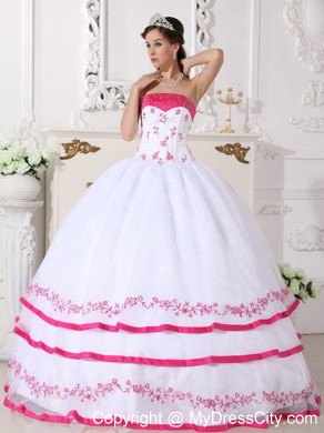 White and Hot Pink Strapless Appliques Sweet 15 Dresses