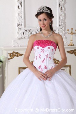 White and Hot Pink Strapless Appliques Sweet 15 Dresses