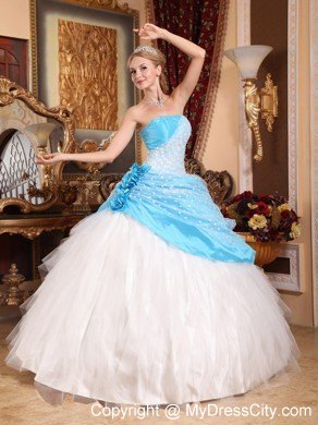 Tulle Blue and White Quinceanera Dress with Flowers