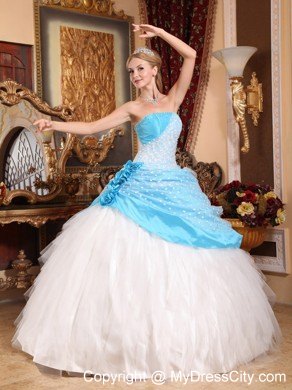 Tulle Blue and White Quinceanera Dress with Flowers