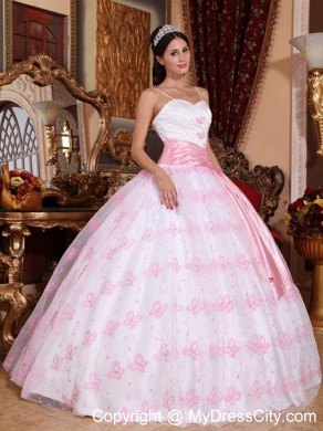 Spaghetti Straps Pink and White Puffy Quinceanera Gowns