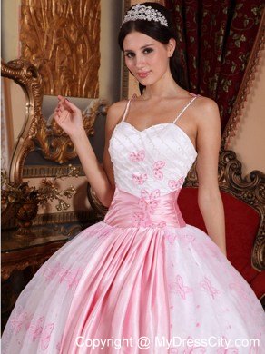 Spaghetti Straps Pink and White Puffy Quinceanera Gowns