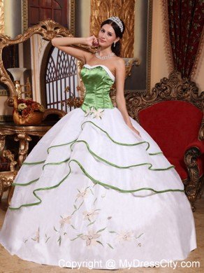 Spring Green and White Quinceanera Dress with Embroidery