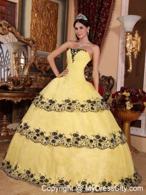 Yellow Fitted Strapless Sweet16 Dress with Black Appliques