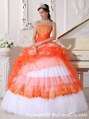 Orange and White Strapless Quinceanera Gowns with Appliques