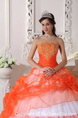 Orange and White Strapless Quinceanera Gowns with Appliques