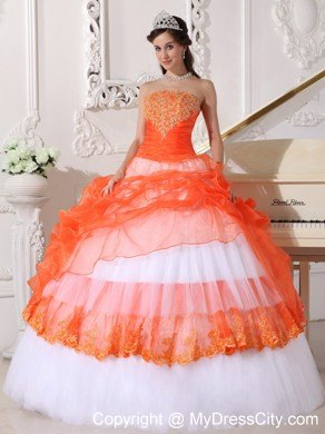 Orange and White Strapless Quinceanera Gowns with Appliques