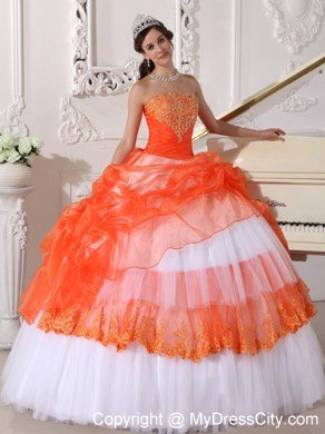 Orange and White Strapless Quinceanera Gowns with Appliques