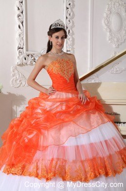 Orange and White Strapless Quinceanera Gowns with Appliques