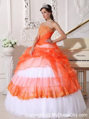 Orange and White Strapless Quinceanera Gowns with Appliques