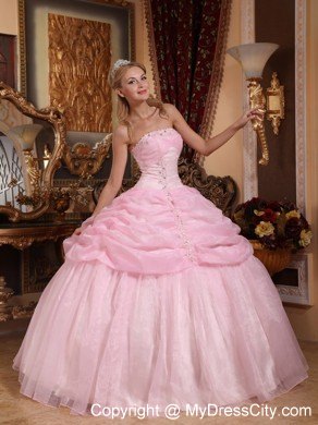 Baby Pink Strapless Organza Tiered Dress for Sweet 16