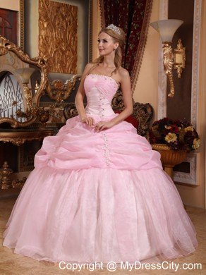 Baby Pink Strapless Organza Tiered Dress for Sweet 16