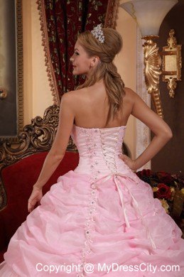 Baby Pink Strapless Organza Tiered Dress for Sweet 16