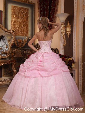 Baby Pink Strapless Organza Tiered Dress for Sweet 16