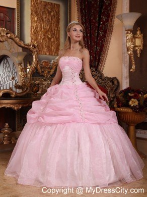 Baby Pink Strapless Organza Tiered Dress for Sweet 16