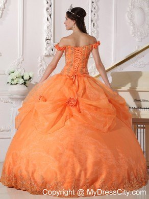 Orange Off The Shoulder Organza Quinceanera with Flowers