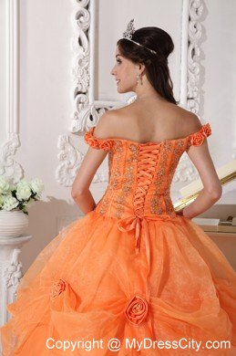 Orange Off The Shoulder Organza Quinceanera with Flowers