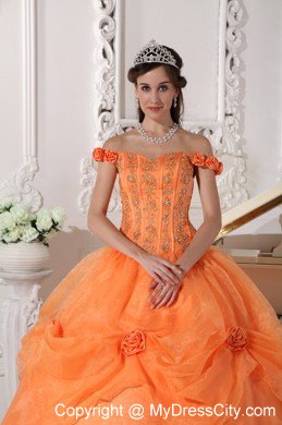 Orange Off The Shoulder Organza Quinceanera with Flowers