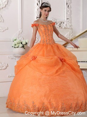 Orange Off The Shoulder Organza Quinceanera with Flowers