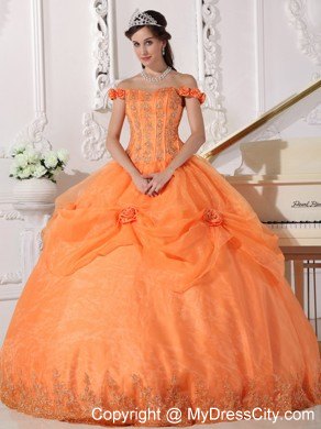 Orange Off The Shoulder Organza Quinceanera with Flowers