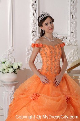 Orange Off The Shoulder Organza Quinceanera with Flowers