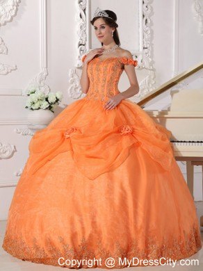 Orange Off The Shoulder Organza Quinceanera with Flowers