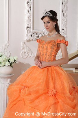 Orange Off The Shoulder Organza Quinceanera with Flowers