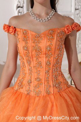 Orange Off The Shoulder Organza Quinceanera with Flowers