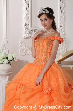 Orange Off The Shoulder Organza Quinceanera with Flowers