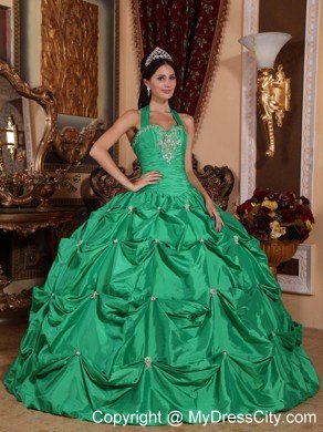 Green Halter Top Taffeta Appliques Quinceanera Dress