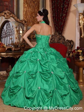 Green Halter Top Taffeta Appliques Quinceanera Dress