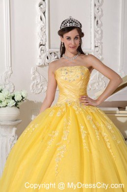 Exquisite Yellow Taffeta and Tulle Appliques Quinceanera Dress