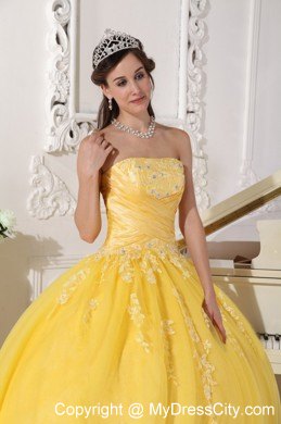 Exquisite Yellow Taffeta and Tulle Appliques Quinceanera Dress