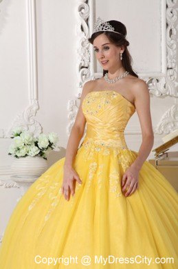 Exquisite Yellow Taffeta and Tulle Appliques Quinceanera Dress