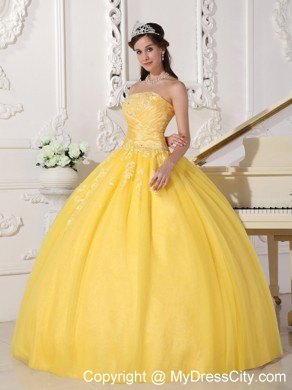 Exquisite Yellow Taffeta and Tulle Appliques Quinceanera Dress