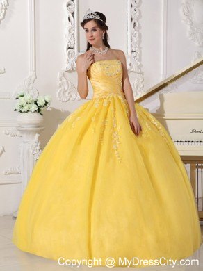 Exquisite Yellow Taffeta and Tulle Appliques Quinceanera Dress