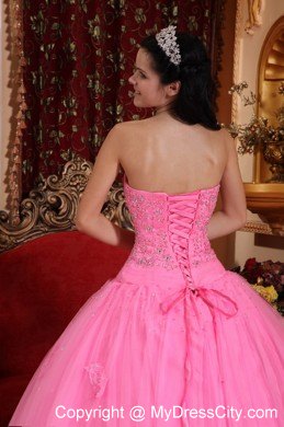 Strapless Rose Pink Tulle Quinceanera Dress with Beading