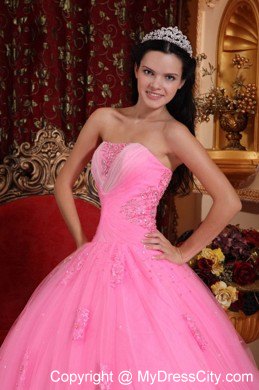 Strapless Rose Pink Tulle Quinceanera Dress with Beading