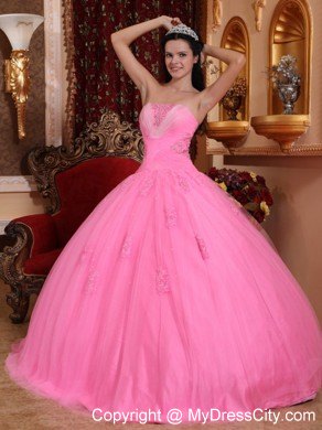 Strapless Rose Pink Tulle Quinceanera Dress with Beading