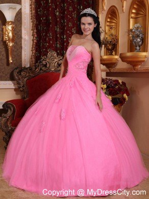 Strapless Rose Pink Tulle Quinceanera Dress with Beading