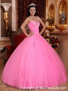 Strapless Rose Pink Tulle Quinceanera Dress with Beading