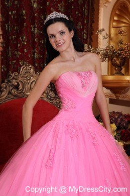 Strapless Rose Pink Tulle Quinceanera Dress with Beading