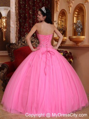 Strapless Rose Pink Tulle Quinceanera Dress with Beading