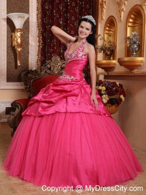 Taffeta Hot Pink Halter Appliques Quinceanera Gowns on Sale