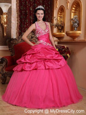 Taffeta Hot Pink Halter Appliques Quinceanera Gowns on Sale