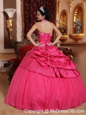 Taffeta Hot Pink Halter Appliques Quinceanera Gowns on Sale