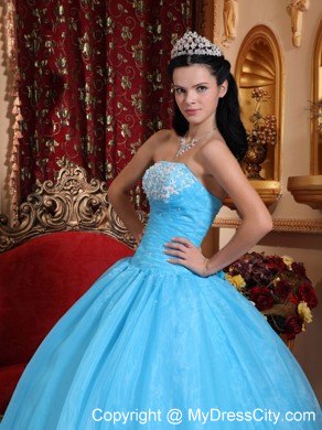 Fast Delivery Aqua Strapless Appliques Quinceanera Gowns 2013